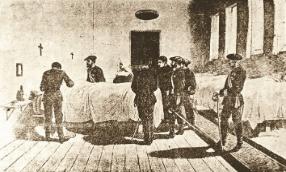 San Benedetto Menni -  Stampa coeva di don Carlos in visita ai feriti dell’Ospedale di Irache, scortato da Menni e da una suora vincenziana.